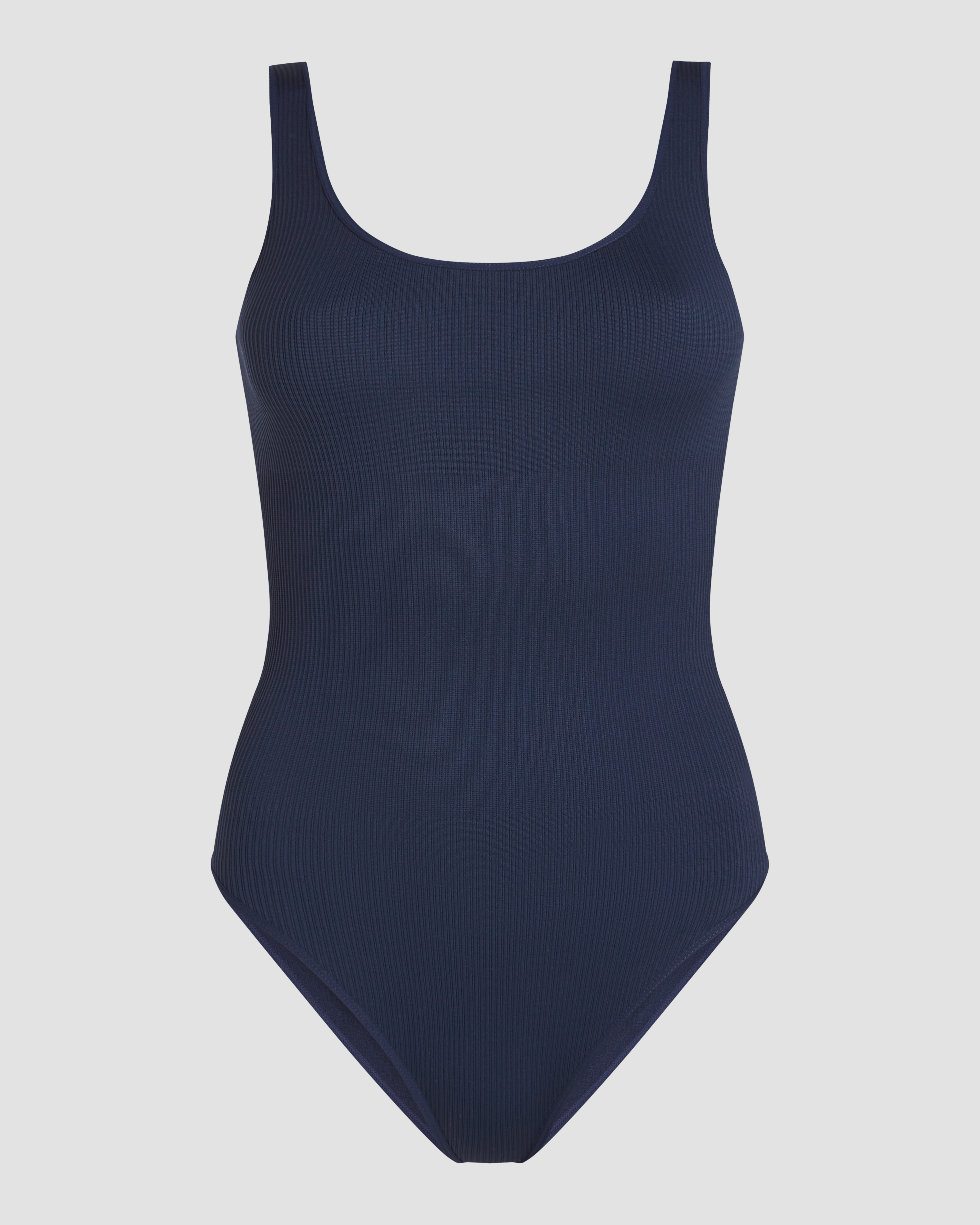 Dark blue ribbed bodysuit brief with a structured texture and a form fitting silhouette designed to enhance the natural shape of the body product image