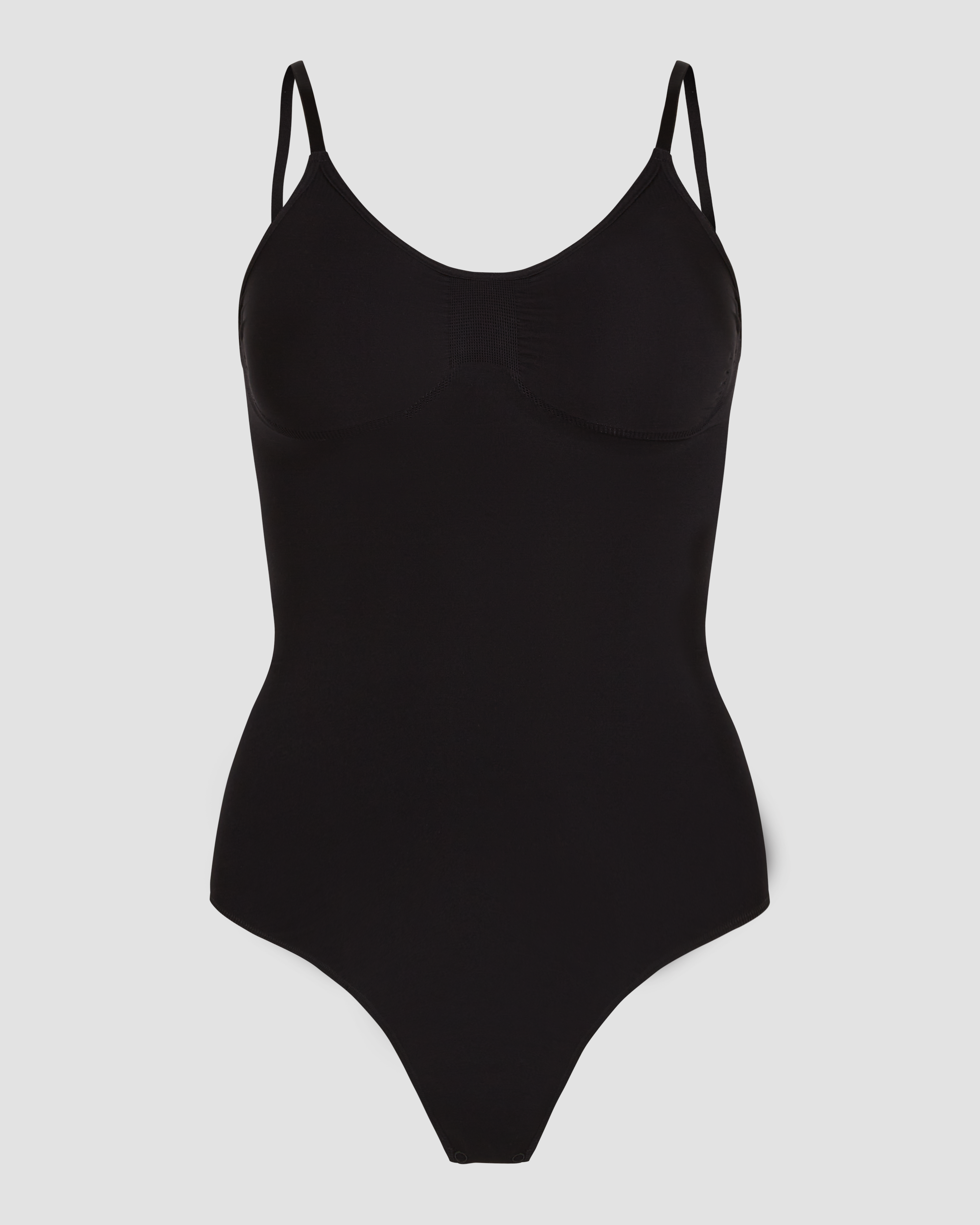 Black bodysuit thong product photo with seamless look and refined shaping effect
