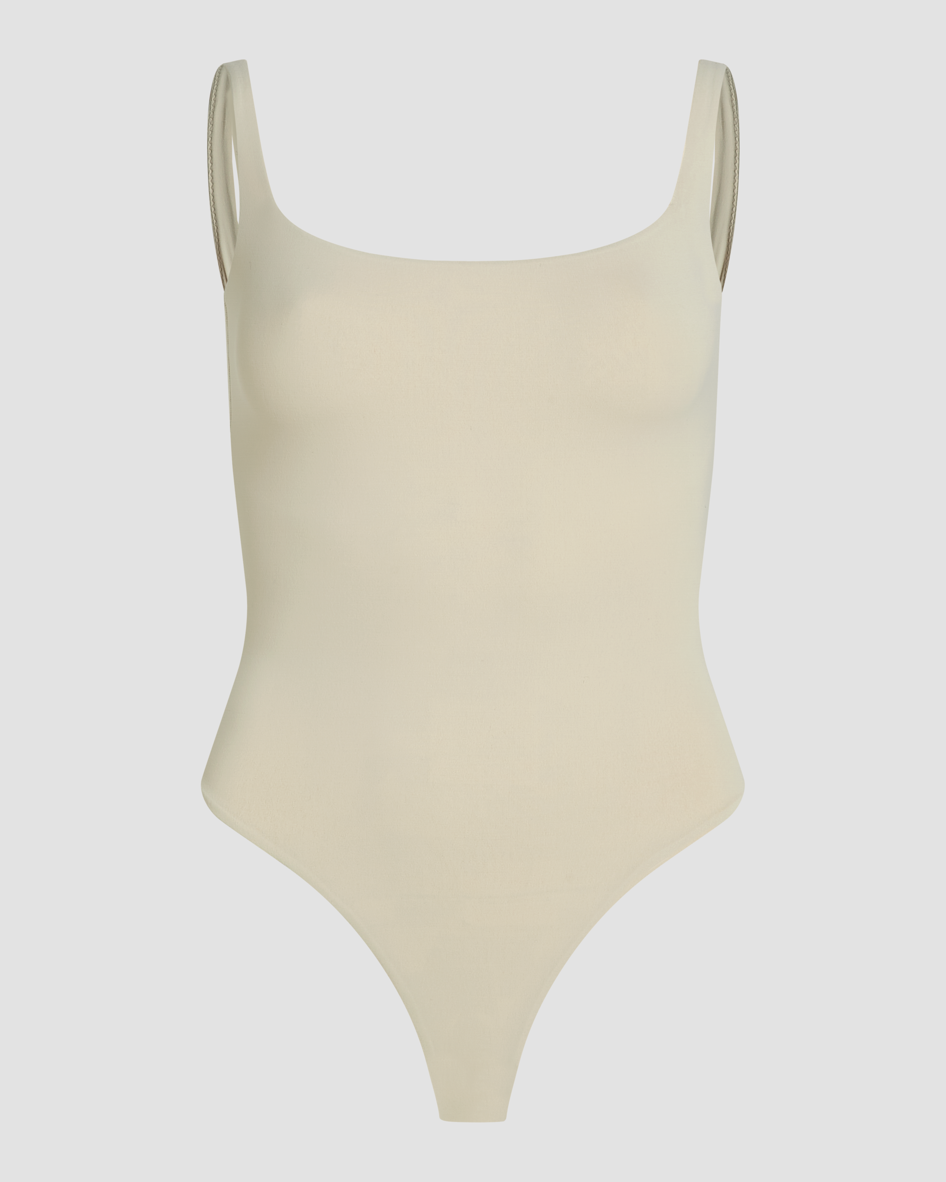 Beige soft skin square neck bodysuit thong product photo with second skin fit and smooth silhouette