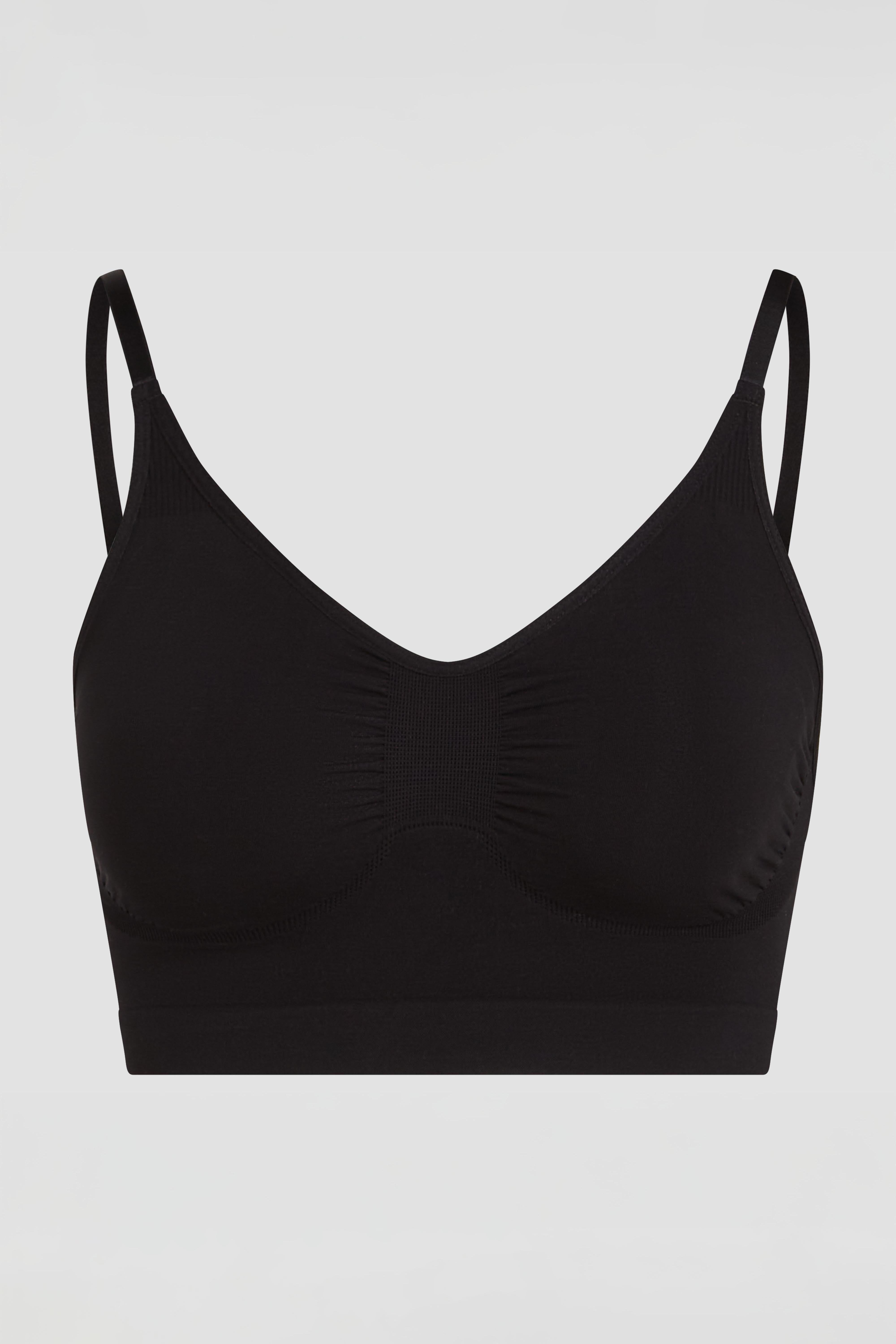 Detailed product photo of black shapewear bralette with soft shaping elastic material and smooth finish