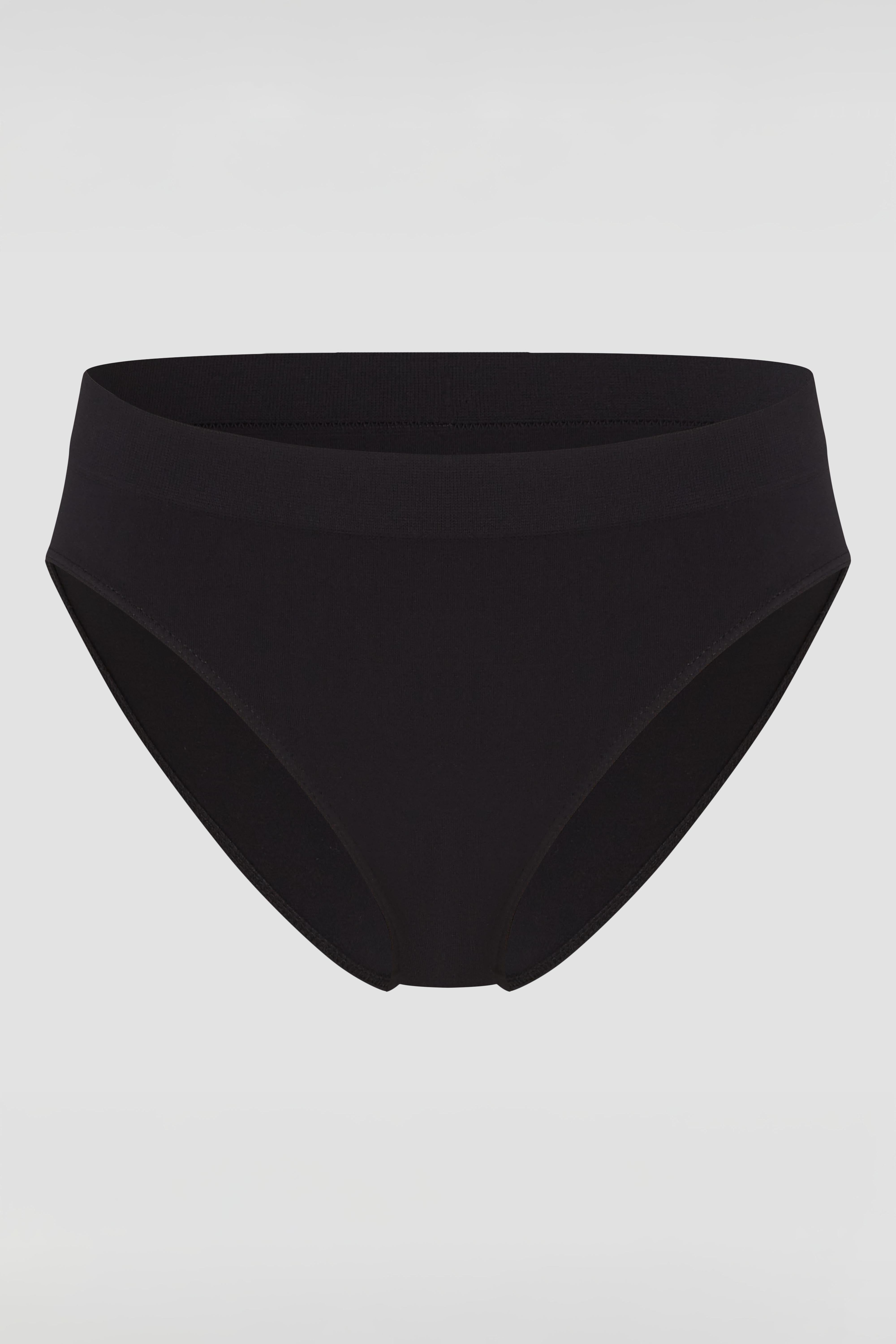 Close-up product photo of black seamless brief with clean silhouette and no visible lines