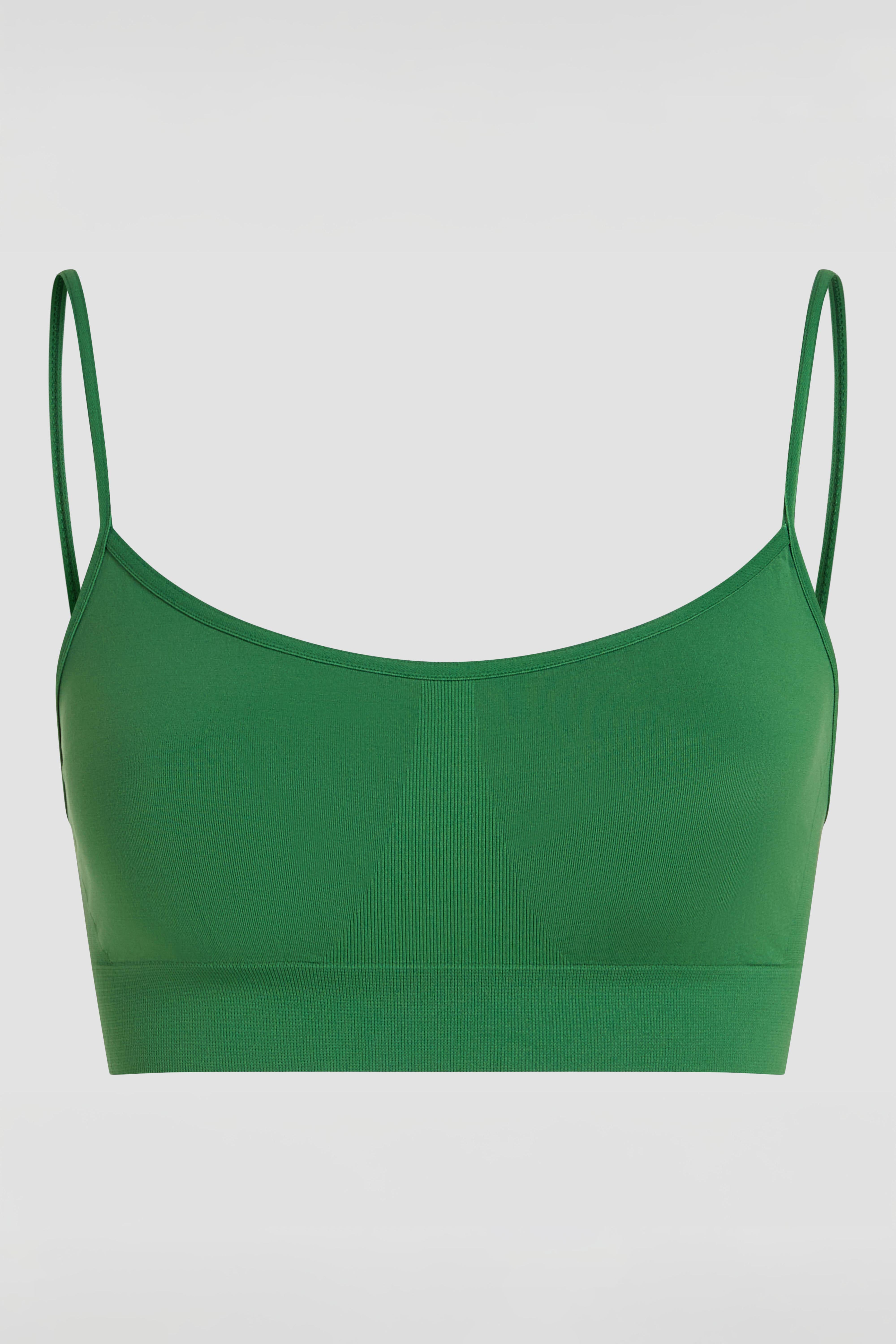 Green scoop neckline bralette product photo with seamless fit and light support