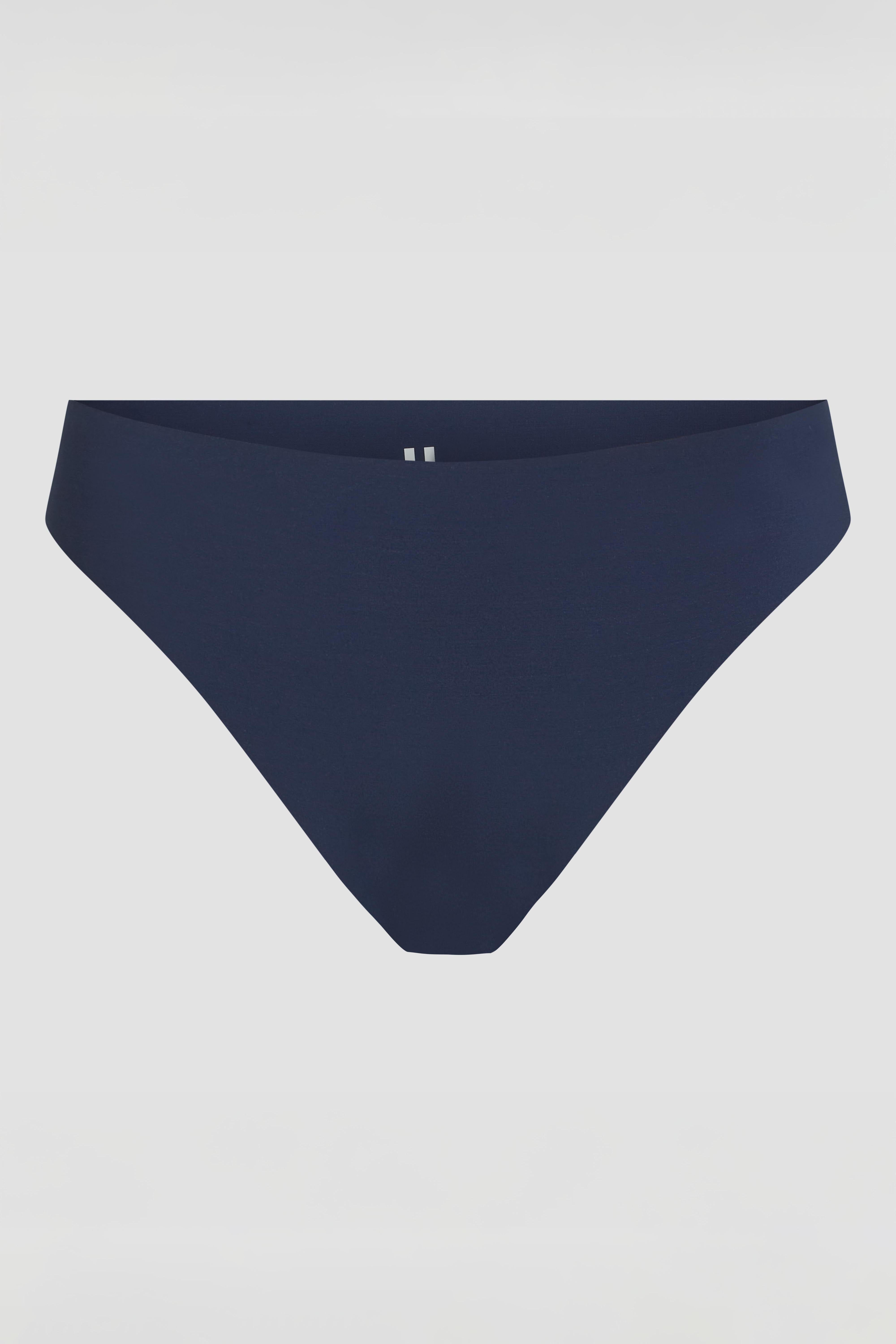 Dark blue seamless thong product photo with laser cut design and lightweight fabric
