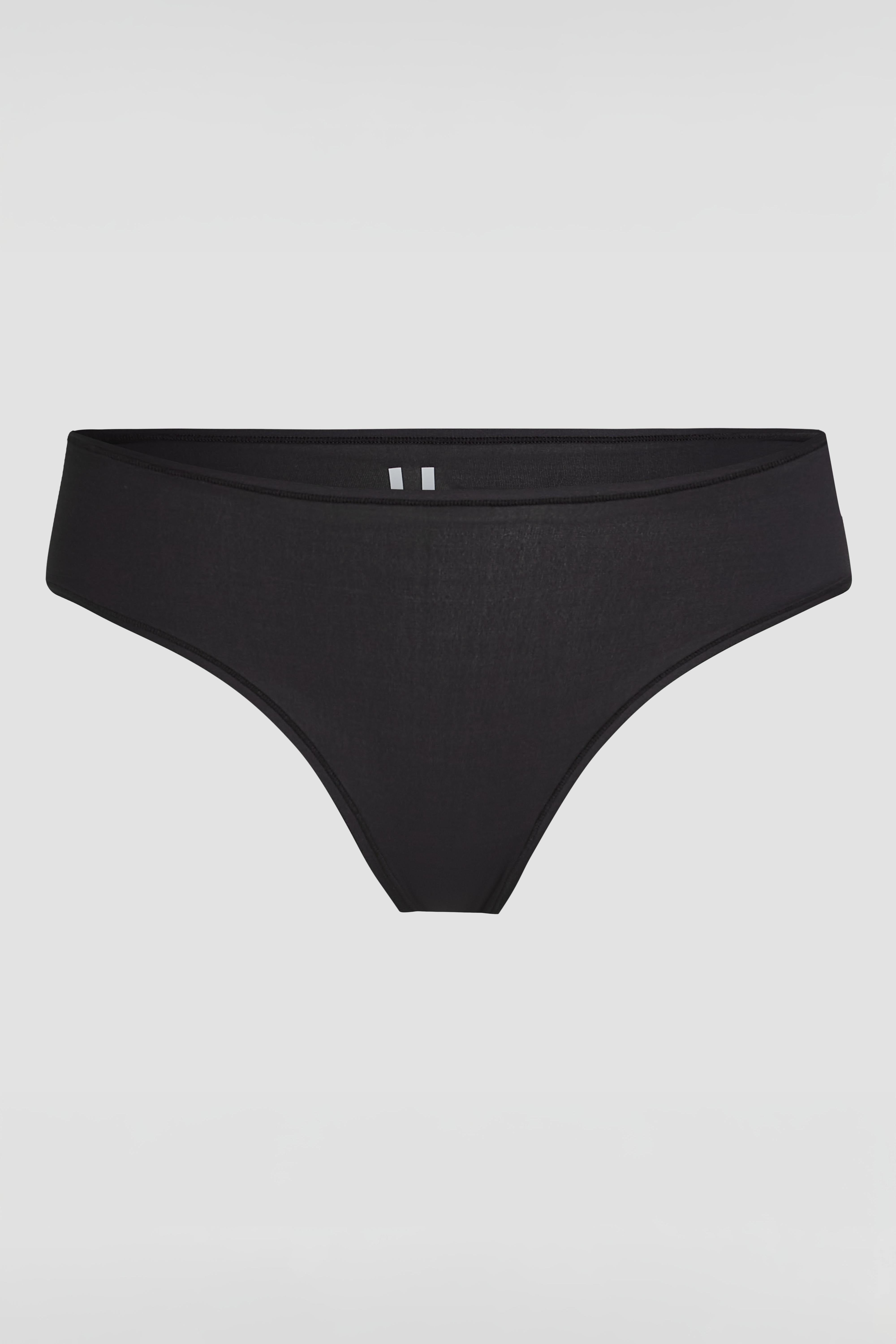 Close-up product photo of black thong with ultra soft stretch fabric and smooth fit
