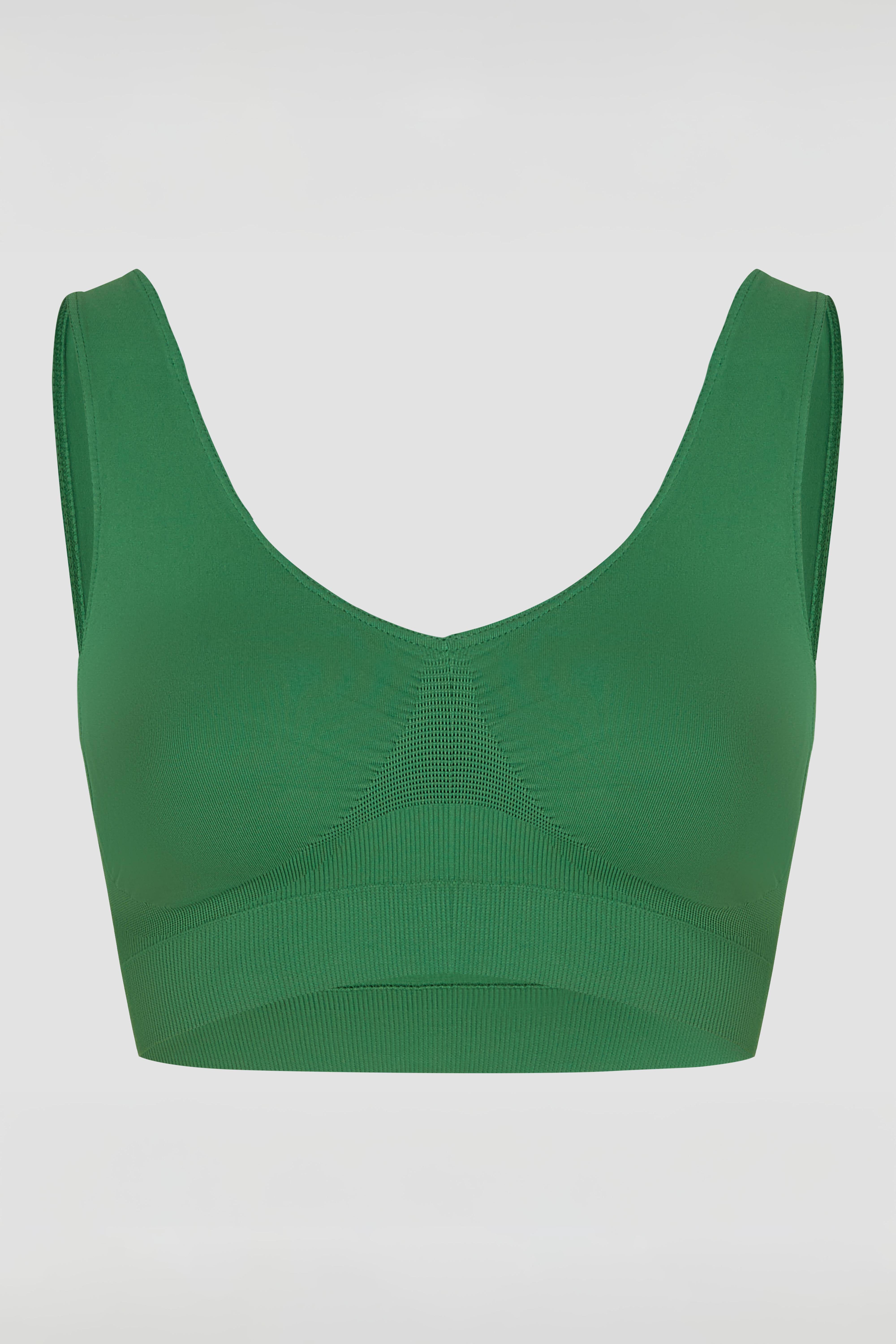 Green tank bra product photo with light support and smooth invisible finish