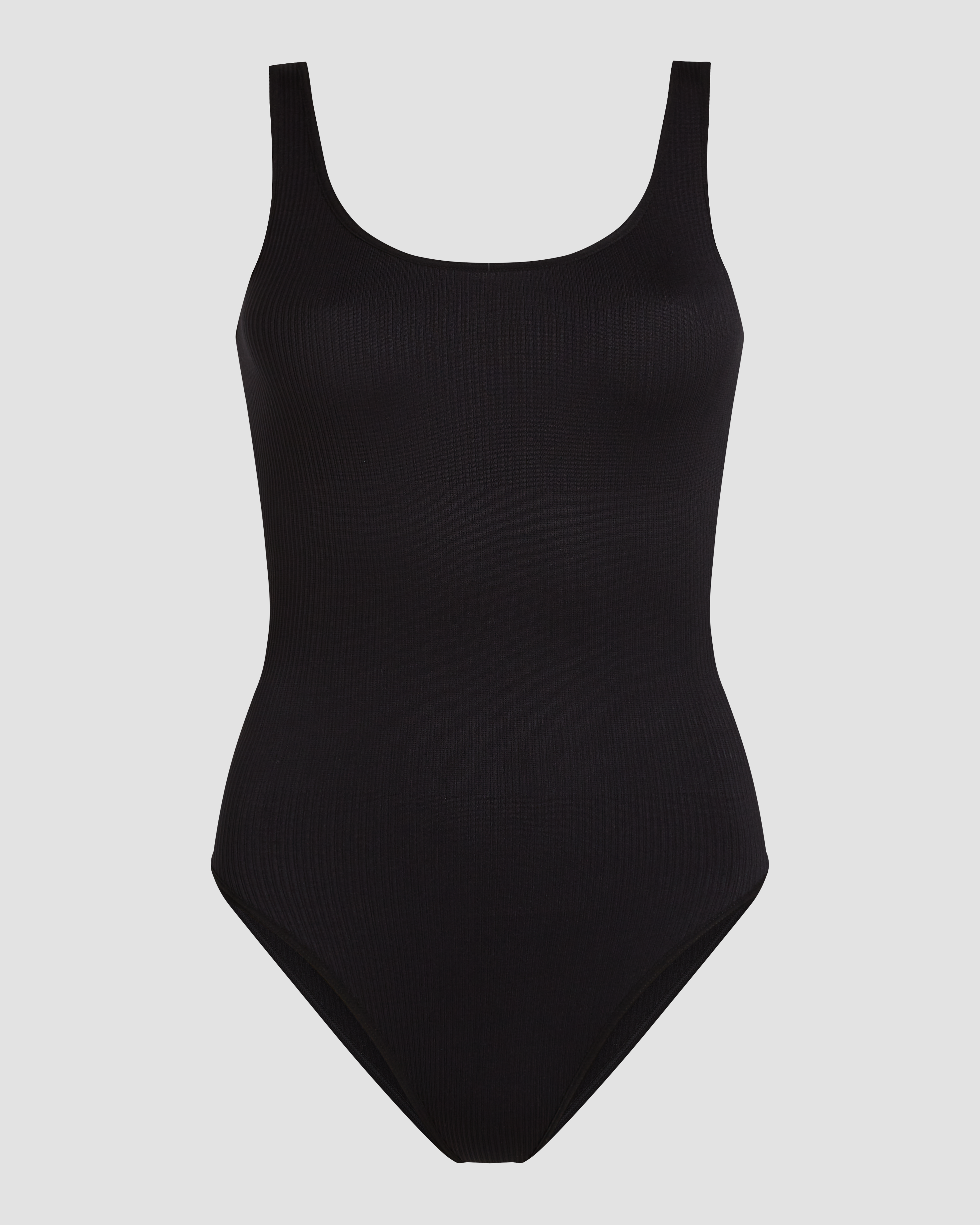 Black ribbed bodysuit brief with a defined texture and a close fitting silhouette designed for a sleek and structured look product image