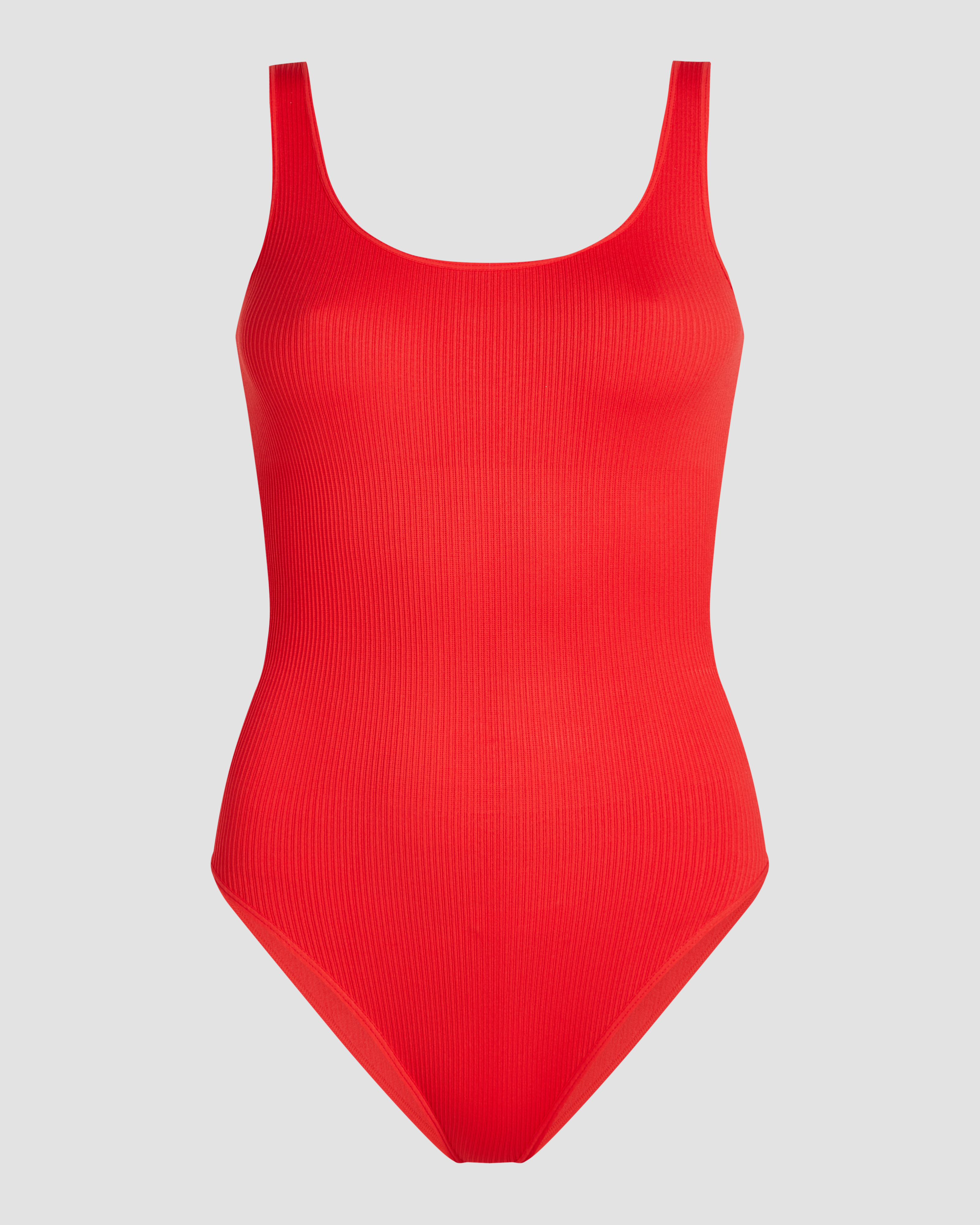 Red ribbed bodysuit brief with a defined texture and a close fitting silhouette designed for a bold and feminine look product image