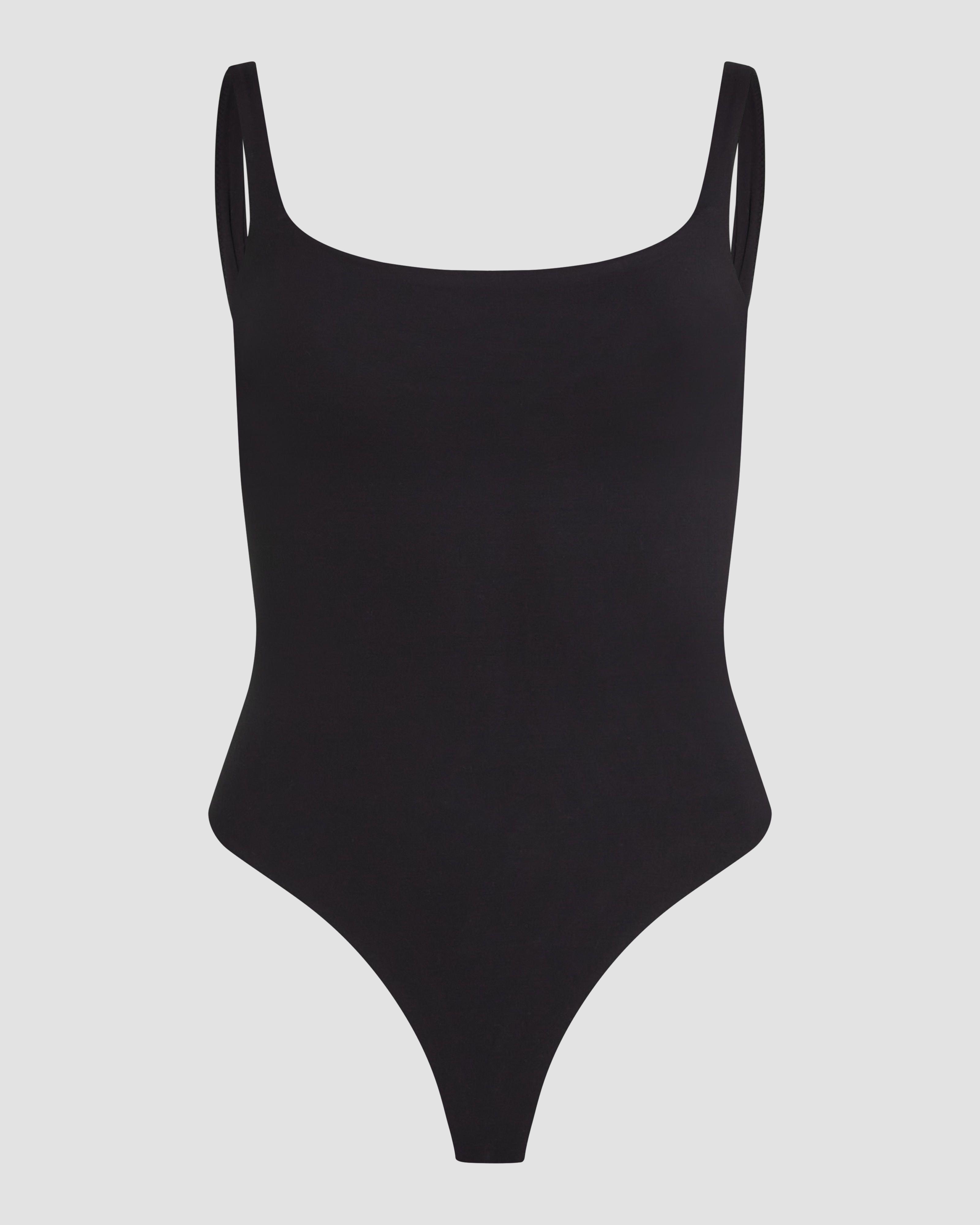 Black soft skin square neck bodysuit thong product photo with second skin fit and clean silhouette
