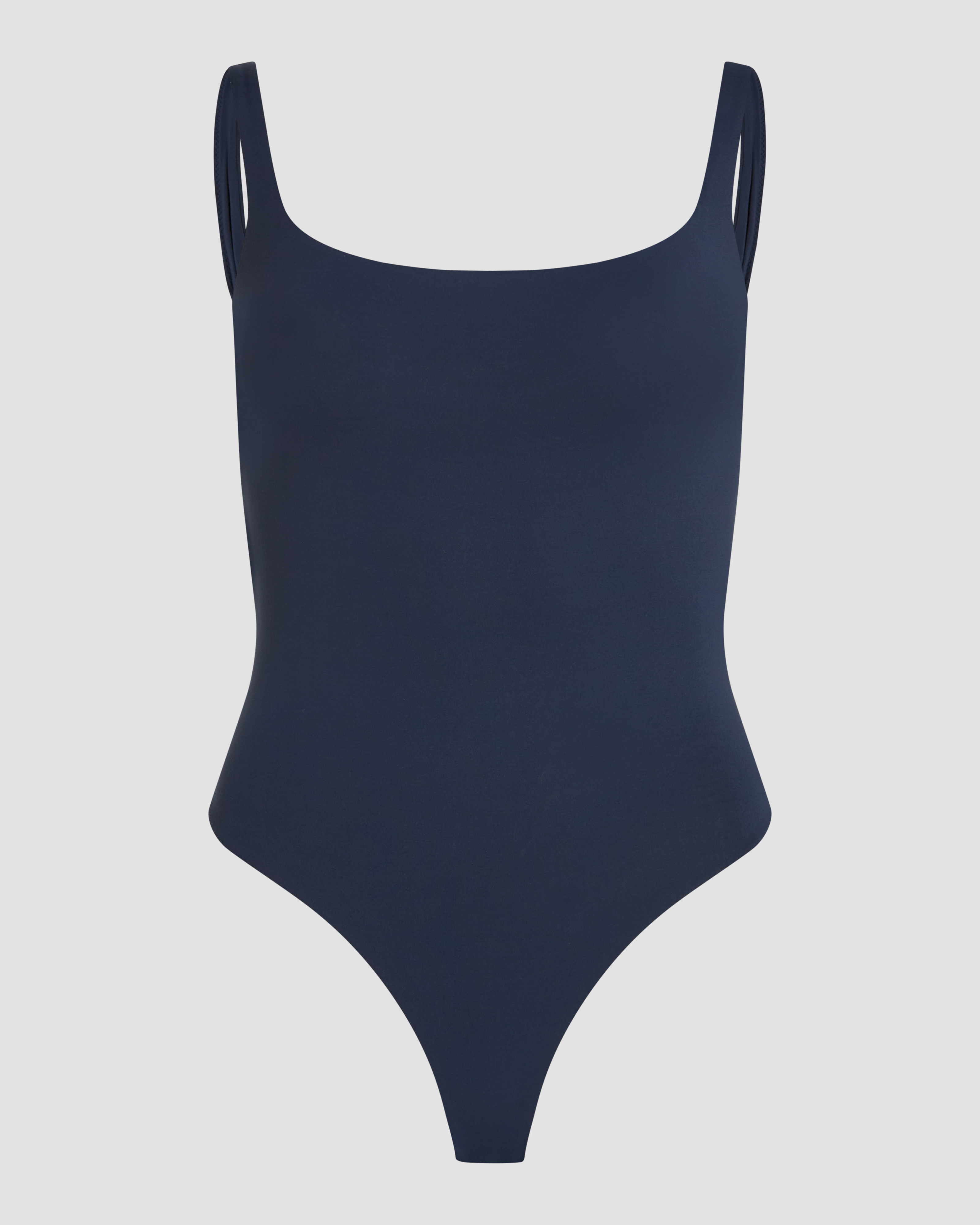 Dark blue seamless bodysuit product photo with square neck and invisible look under clothing