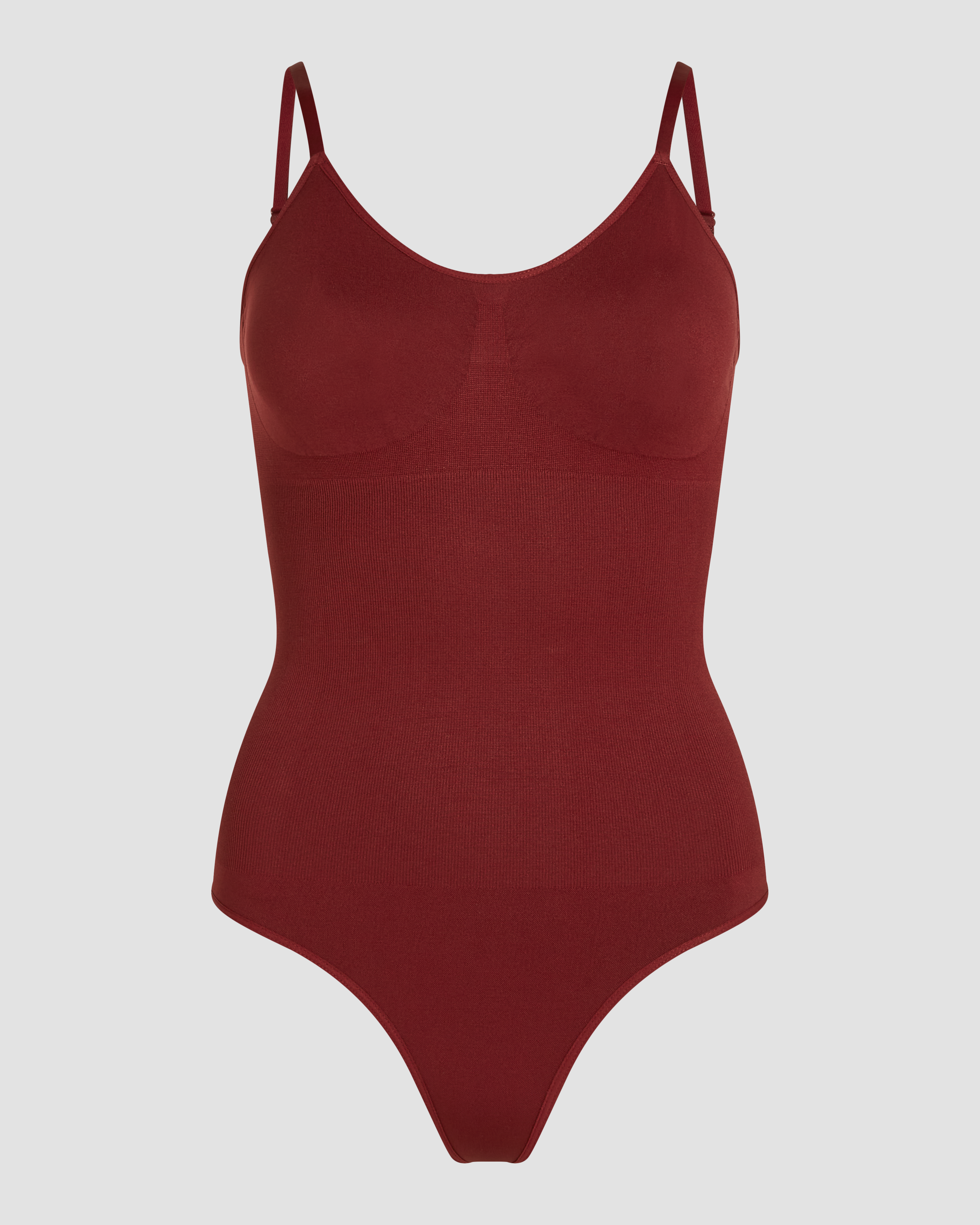 Bordeaux rib shapewear bodysuit thong product photo with smoothing effect and elegant silhouette