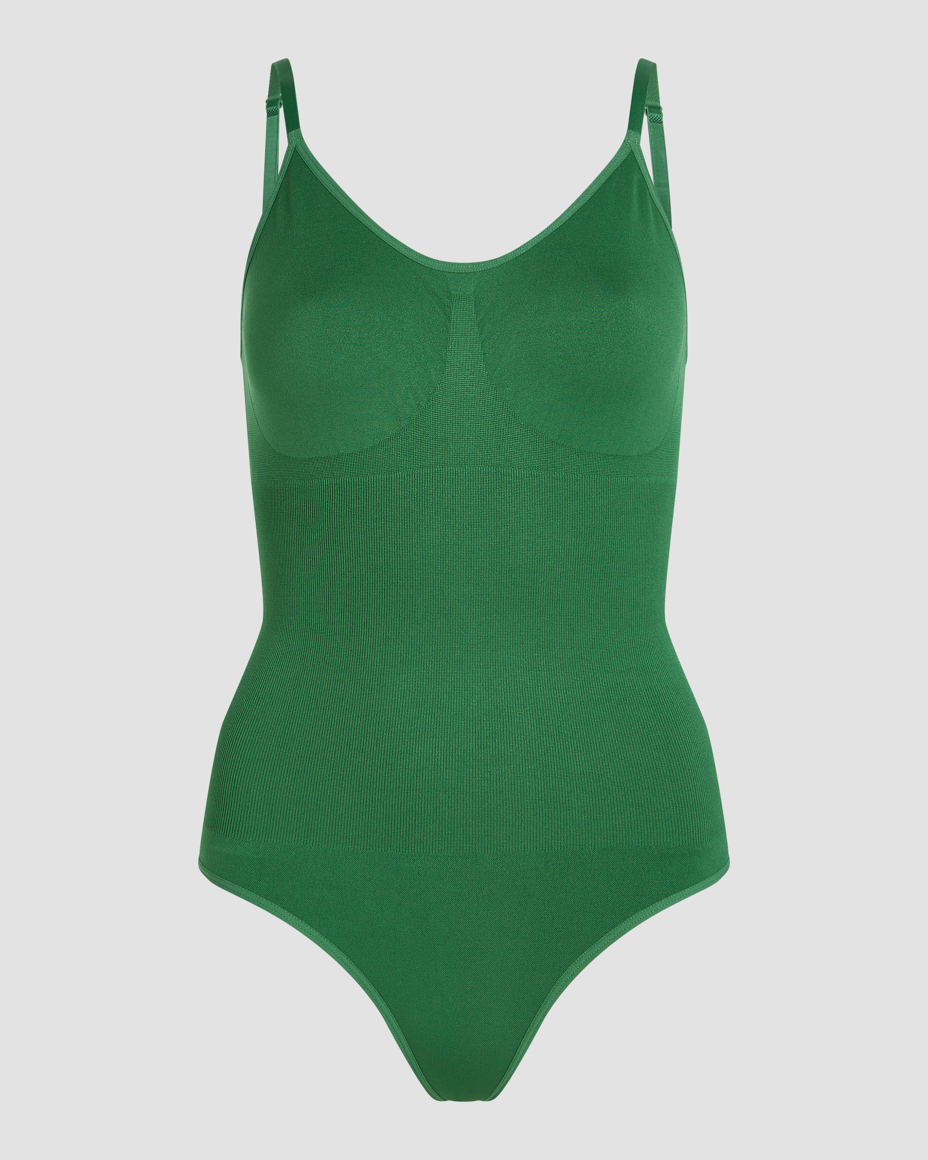 Green rib shapewear bodysuit thong product photo with smoothing effect and flattering silhouette