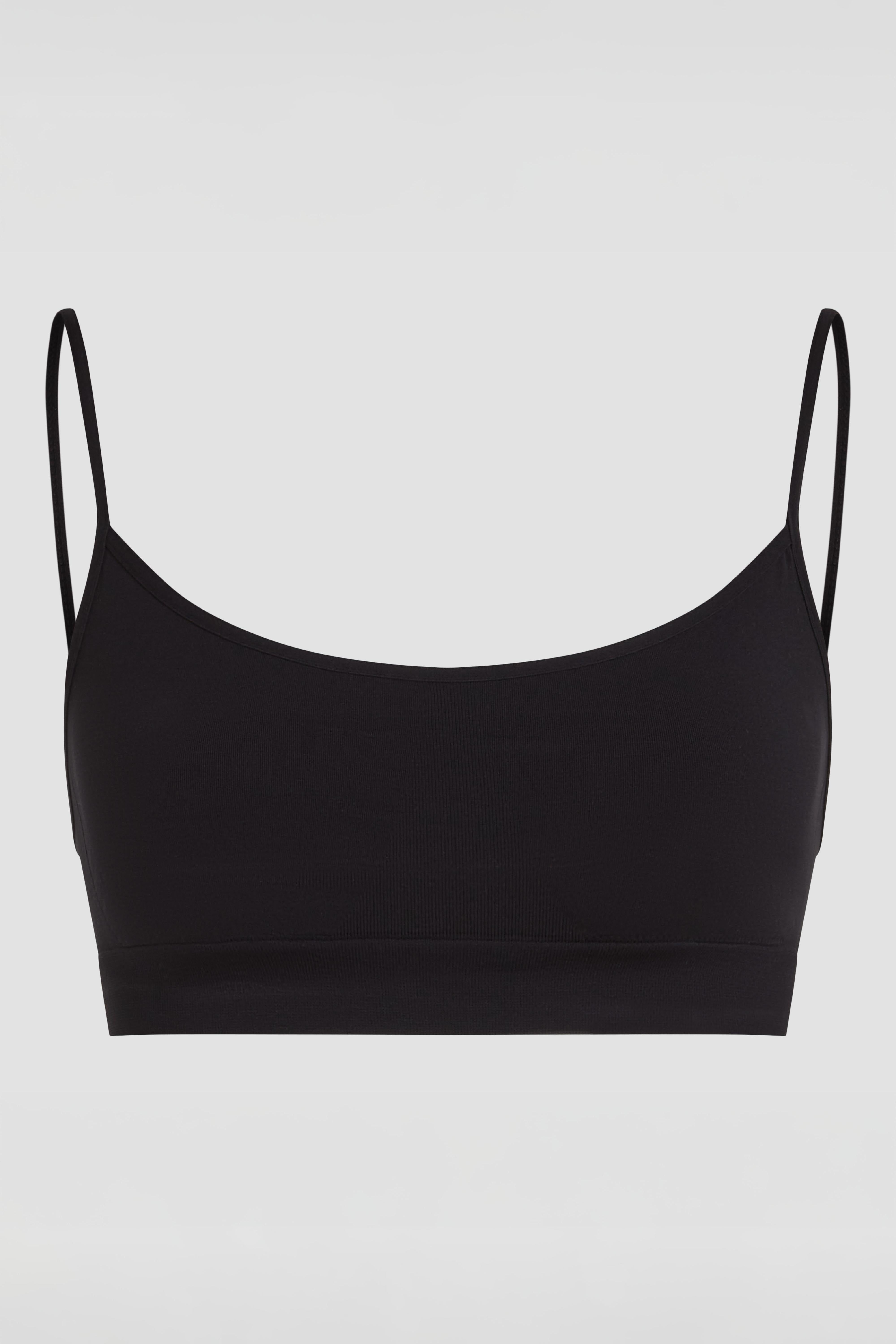 Close-up product photo of black scoop neckline bralette with soft stretch fabric