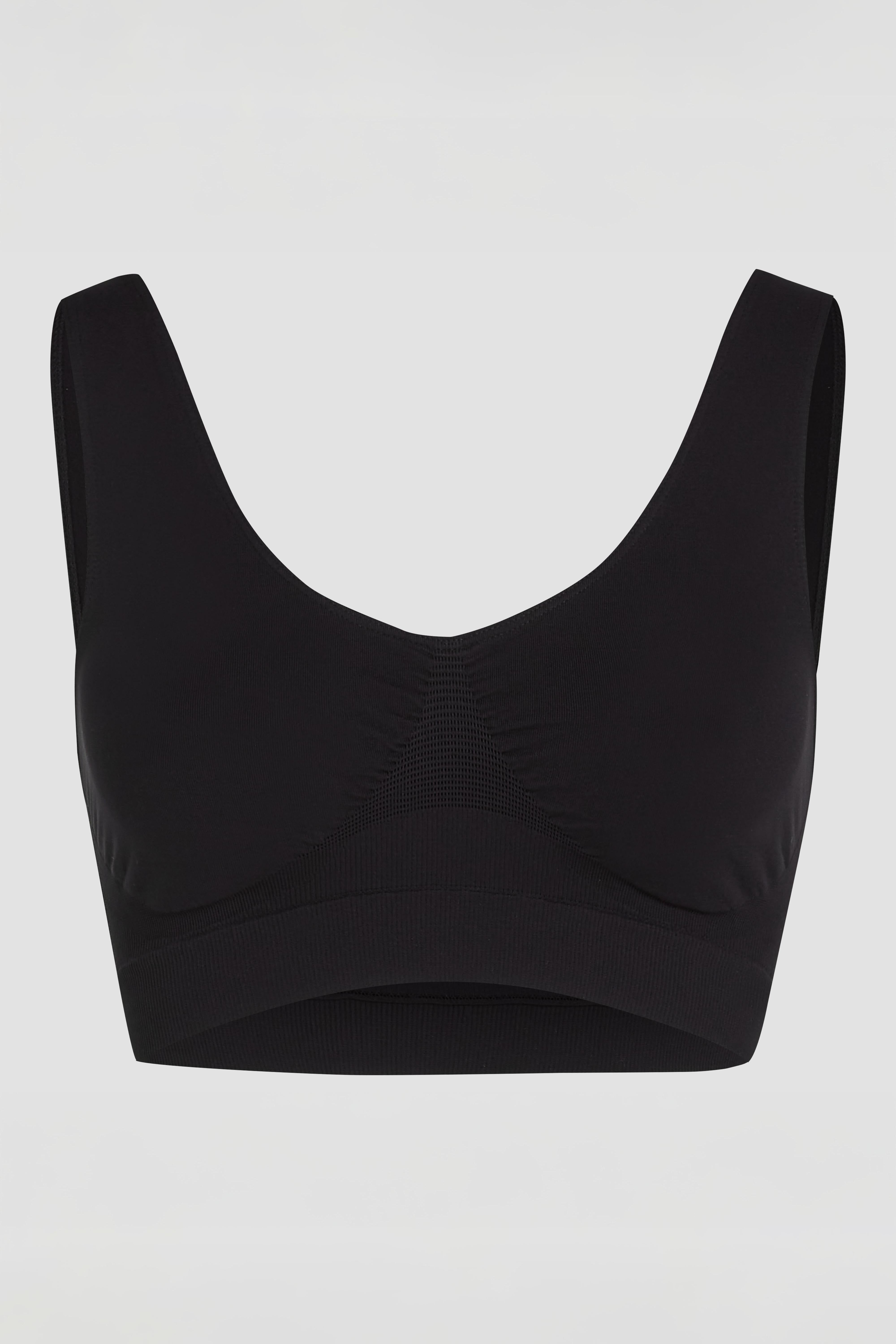 Black seamless tank bra product photo with wide straps and second skin fit