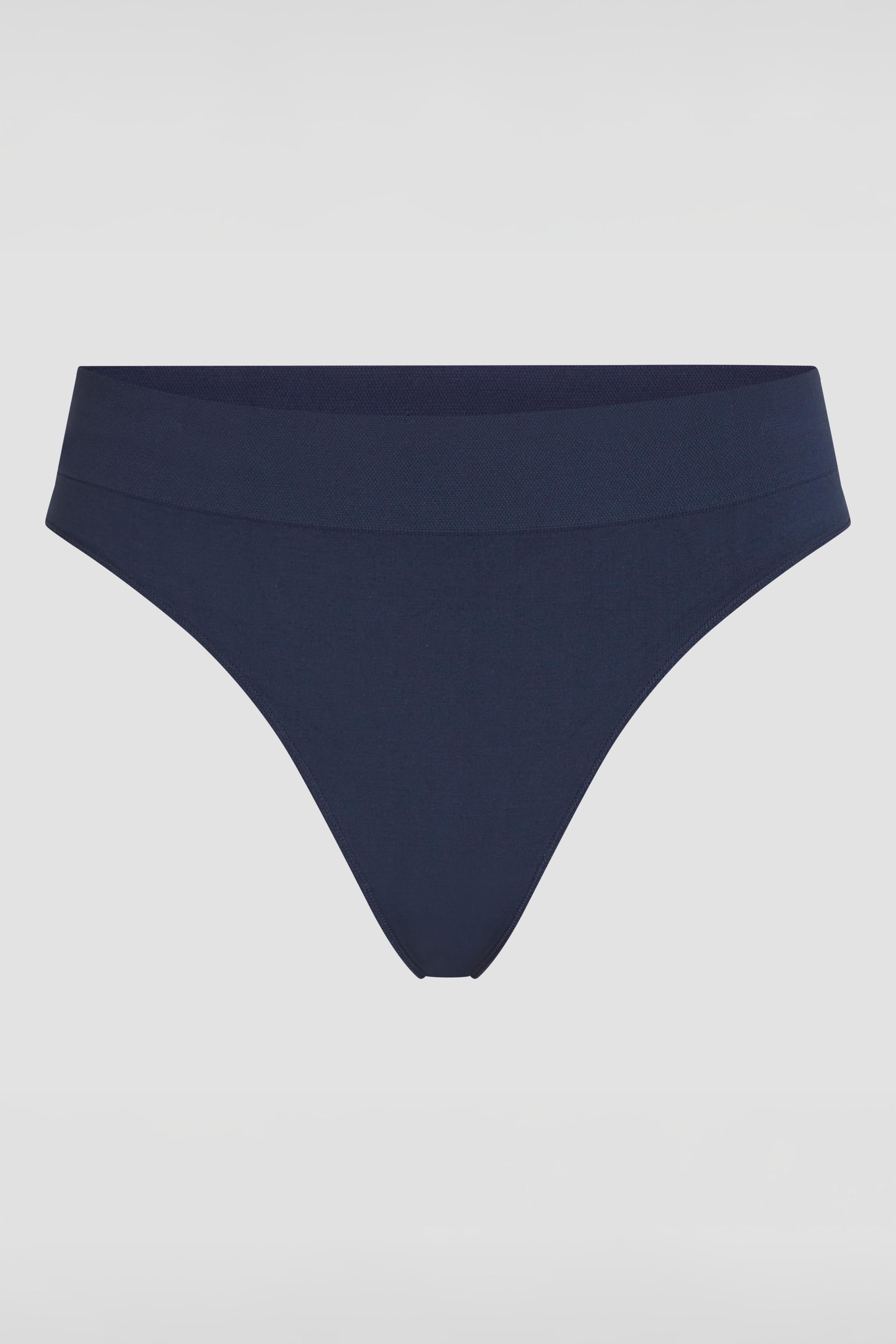 Close-up of dark blue seamless thong with soft second skin feel